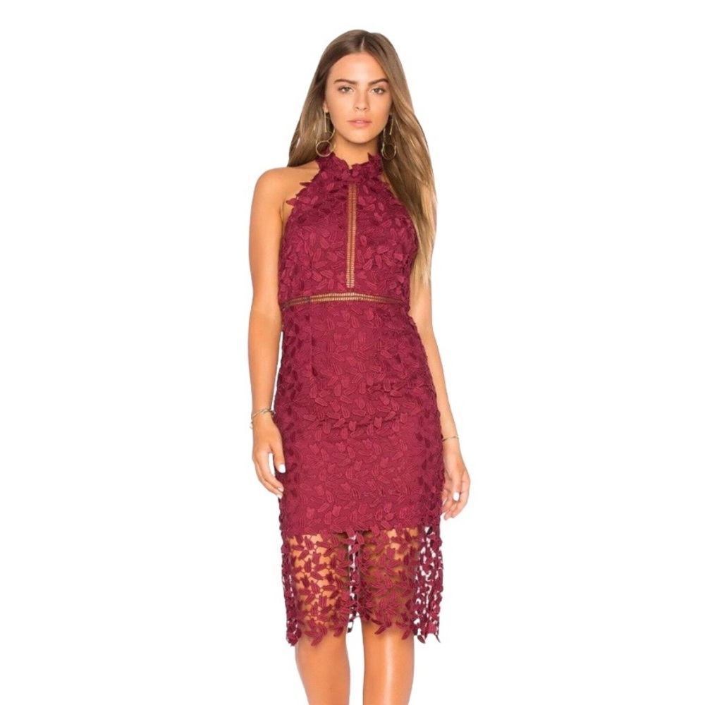 Bardot Gemma Lace Sheath Dress Size 4 US Burgundy Red Midi